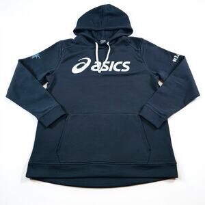 ASICS Hoodie Men’s Large Navy Pullover Sweatshirt Athletic Kangaroo Pocket EUC